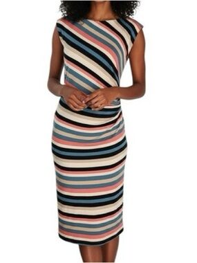 LOFT Sleeveless Midi Sheath Dress in Blue, Pink, Cream, Black & Gray